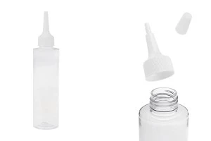 Πλαστικό (PET) διάφανο μπουκάλι 150 ml με "μύτη" και λευκό βιδωτό καπάκι-εικόνα_προϊοντική