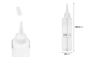 Πλαστικό (PET) διάφανο μπουκάλι 150 ml με "μύτη" και λευκό βιδωτό καπάκι-εικόνα_διαστάσεις