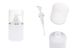 Shishe plastike (HDPE) e bardhë 300 ml me pompë kremi dhe kapak transparent me shirit argjendi-imazh_produkt