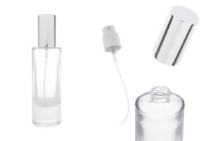 Transparente 30-ml-Parfümglasflasche mit silberner Aluminium-Sprühpumpe und Verschlusskappe-produktbild