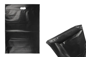 Pochette d'expédition 450x550 mm noire imperméable en PE avec fermeture autocollante et poignée – 100 pièces-1