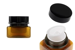 Vasetto quadrato in plastica ambrata da 30 ml con guarnizione e coperchio in plastica.-immagine_prodotto