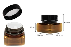 Vasetto quadrato in plastica ambrata da 30 ml con guarnizione e coperchio in plastica.-dimensioni_immagine