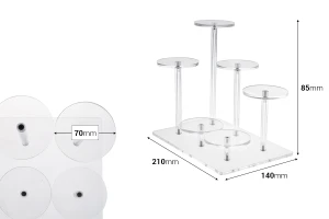 Présentoir transparent en acrylique 210 x 140 x 85 mm (diamètre de chaque base : 70 mm) - 6 positions-photo_dimensions