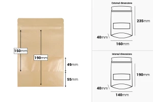 Sachets en papier kraft de type Doypack 160 x 40 x 235 mm , avec zip et fenêtre, revêtement transparent interne et externe et possibilité de scellage par thermoscellage – paquet de 100 pcs-photo_dimensions