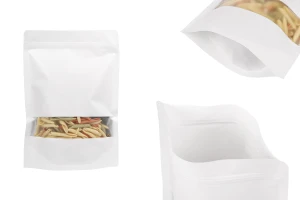 Σακουλάκια κραφτ τύπου Doy Pack  180x40x260 m σε λευκό χρώμα, με κλείσιμο zip, παράθυρο και δυνατότητα σφράγισης με θερμοκόλλησηm - 100 τμχ-εικόνα_προϊοντική