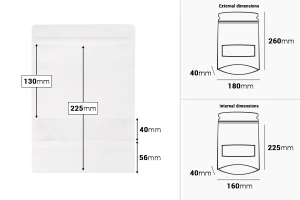 Σακουλάκια κραφτ τύπου Doy Pack  180x40x260 m σε λευκό χρώμα, με κλείσιμο zip, παράθυρο και δυνατότητα σφράγισης με θερμοκόλλησηm - 100 τμχ-εικόνα_διαστάσεις