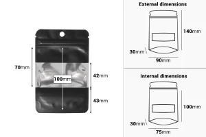 Qese alumini të tipit Doy Pack  90x30x140 mm, me mbyllje "zip", dritare dhe mundësi mbylljeje me mbyllje nxehtësie - 100 copë-imazh_dimensione