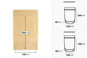 Doypack type pouches 120x40x200 mm, kraft back (14c), clear front (8c), with zip closure, heat sealable - 100 pcs-image_dimensions
