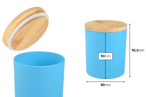 Βάζο γυάλινο 300 ml με ξύλινο καπάκι και λάστιχο σε διάφορα χρώματα-εικόνα_διαστάσεις