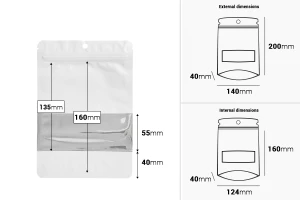 Sacchetti in alluminio tipo Doy Pack 140x40x200 mm chiusura a zip, finestra e possibilità di sigillare con termosaldatura 100 pz-dimensioni_immagine