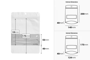 Σακουλάκια αλουμινίου τύπου Doy Pack 140x40x200 mm με κλείσιμο "zip", παράθυρο και δυνατότητα σφράγισης με θερμοκόλληση - 100 τμχ-εικόνα_διαστάσεις