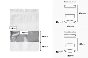 Qese alumini tip Doy Pack 150x40x220 mm, me mbyllje “zip”, dritare dhe mundësi mbylljeje me ngjitje termike – 100 copë.-imazh_dimensione
