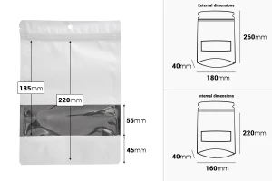 Doy Pack-Aluminiumbeutel 180x40x260 mm mit Reißverschlus, Fenster und Möglichkeit zum Heißsiegeln - 100 Stück-εικόνα_διαστάσεις