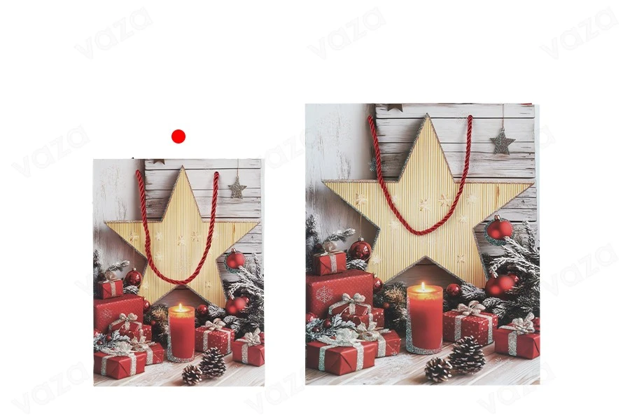 Paper gift bag 180x85x240 mm (210 g) in Christmas star design with red string for handle - 12 pcs Paper gift bag 180x85x240 mm (210 g) in Christmas star design with red string for handle - 12 pcs-εικόνα_σύνθεση