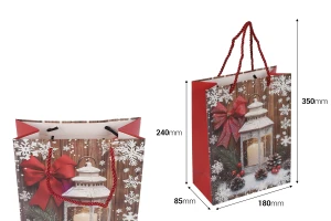 Qese letre për dhurata 180x85x240 mm (210 g) me dizajn feneri Krishtlindjesh me spango të kuqe për dorezë - 12 copë.-imazh_dimensione