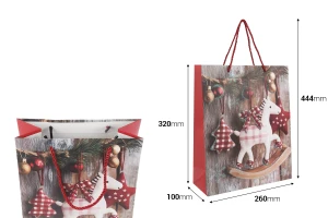 Sacchetto regalo in carta 260x100x320 mm (210 g) con motivo a cavallo natalizio e cordino rosso come manico - 12 pezzi.-dimensioni_immagine