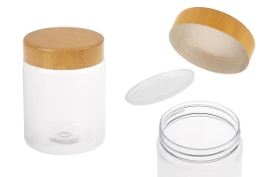 Βάζο PET 250 ml διάφανο με καπάκι σε σχέδιο ξύλου και πλαστικό παρέμβυσμα - 12 τμχ-1
