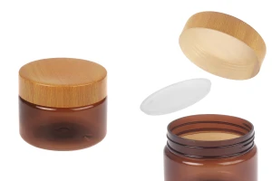 Barattolo in PET ambrato da 100 ml con tappo effetto legno e guarnizione in plastica - 12 pezzi-1