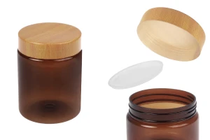 Barattolo in PET 250 ml ambrato con tappo a motivo legno e guarnizione in plastica - 12 pezzi-1