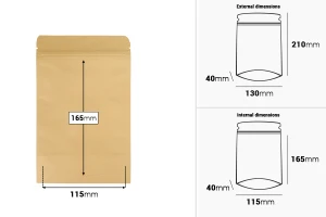 Σακουλάκια κραφτ τύπου Doy Pack, με κλείσιμο "zip", εσωτερική επένδυση αλουμινίου και δυνατότητα σφράγισης με θερμοκόλληση 130x40x210 mm - 50 τμχ-εικόνα_διαστάσεις
