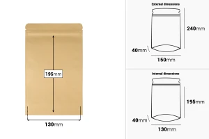 Σακουλάκια κραφτ τύπου Doy Pack, με κλείσιμο "zip", εσωτερική επένδυση αλουμινίου και δυνατότητα σφράγισης με θερμοκόλληση 150x40x240 mm - 50 τμχ-εικόνα_διαστάσεις