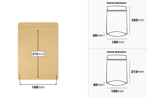 Standbodenbeutel aus Kraftpapier mit Druckverschluss, Alu- Beschichtung,verschließbar durch Schweißgerät 180x40x260mm - 50 Stücke-εικόνα_διαστάσεις