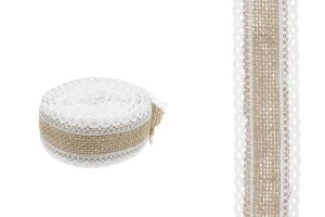 Tresse de jute avec deux dentelles blanches d'une largeur de 40 mm, 5 mètres par pièce-photo_produit