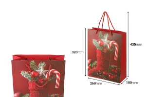Qese letre e kuqe për dhurata Krishtlindjesh 260x100x320 mm me dizajne festive dhe spango të kuqe - 12 copë dizajne të përziera-imazh_dimensione