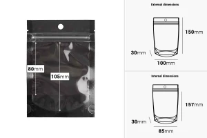 Aluminum Doypack stand-up pouch with zipper, black back and transparent front side, heat sealable, 100x30x150 mm - 100 pcs-image_dimensions