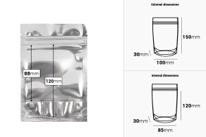 Doypack stand-up pouch with zipper, aluminum back side and transparent front side, heat sealable, 100x30x150 mm - 100 pcs-image_dimensions