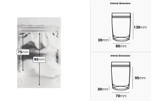 Σακουλάκια τύπου Doy Pack 80x30x130 mm αλουμινίου πίσω πλευρά, διάφανο μπροστά με κλείσιμο "zip" και δυνατότητα σφράγισης με θερμοκόλληση - 100 τμχ-εικόνα_διαστάσεις