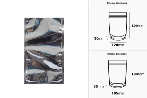 Σακουλάκια τύπου Doy Pack 120x30x200 mm αλουμινίου πίσω πλευρά, διάφανο μπροστά και κλείσιμο με θερμοκόλληση - 100 τμχ-εικόνα_διαστάσεις