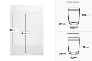 Σακουλάκια τύπου Doy Pack 100x30x150 mm διάφανα με κλείσιμο zip και δυνατότητα σφράγισης με θερμοκόλληση - 100 τμχ-εικόνα_διαστάσεις