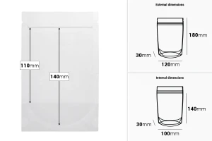 Σακουλάκια τύπου Doy Pack 120x30x180 mm διάφανα με κλείσιμο zip και δυνατότητα σφράγισης με θερμοκόλληση - 100 τμχ-εικόνα_διαστάσεις
