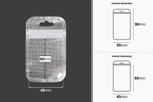 Sachets avec fermeture éclair 55 x 90 mm, dos argenté non tissé, face transparente et eurohole - 100 pcs-photo_dimensions