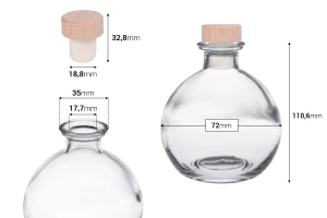 Bottiglia sferica in vetro da 250 ml con tappo in silicone con testa in legno-dimensioni_immagine