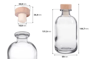 Γυάλινο μπουκάλι 250 ml διάφανο με φελλό σιλικόνης με ξύλινη κεφαλή-εικόνα_διαστάσεις