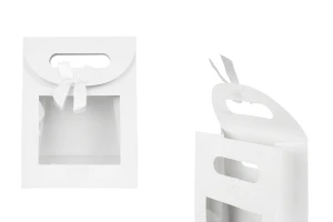 Qese dhurate prej letre 150x70x200 mm, në ngjyrë të bardhë, me mbyllje velcro, me dritare dhe fjongo – 12 copë.-imazh_produkt