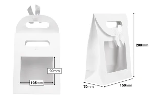 Qese dhurate prej letre 150x70x200 mm, në ngjyrë të bardhë, me mbyllje velcro, me dritare dhe fjongo – 12 copë.-imazh_dimensione