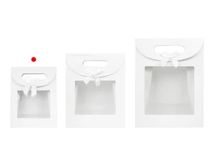 Qese dhurate prej letre 150x70x200 mm, në ngjyrë të bardhë, me mbyllje velcro, me dritare dhe fjongo – 12 copë.-imazh_grup