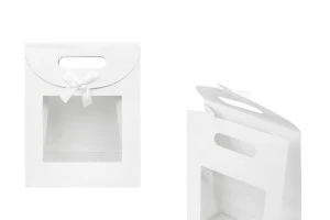 Τσάντα δώρου χάρτινη 190x90x240 mm σε χρώμα λευκό με αυτοκόλλητο κλείσιμο χριτς χρατς, παράθυρο και φιόγκο - 12 τμχ-εικόνα_προϊοντική