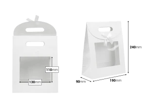 Τσάντα δώρου χάρτινη 190x90x240 mm σε χρώμα λευκό με αυτοκόλλητο κλείσιμο χριτς χρατς, παράθυρο και φιόγκο - 12 τμχ-εικόνα_διαστάσεις