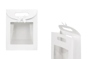 Τσάντα δώρου χάρτινη 220x120x290 mm σε χρώμα λευκό με αυτοκόλλητο κλείσιμο χριτς χρατς, παράθυρο και φιόγκο - 12 τμχ-εικόνα_προϊοντική