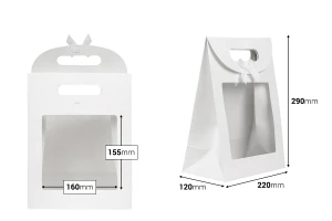 Τσάντα δώρου χάρτινη 220x120x290 mm σε χρώμα λευκό με αυτοκόλλητο κλείσιμο χριτς χρατς, παράθυρο και φιόγκο - 12 τμχ-εικόνα_διαστάσεις