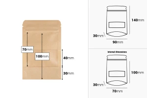 Σακουλάκια κραφτ τύπου Doy Pack 90x30x140 mm, με κλείσιμο zip, παράθυρο, εσωτερική και εξωτερική διάφανη επένδυση και δυνατότητα σφράγισης με θερμοκόλληση - 100 τμχ-εικόνα_διαστάσεις