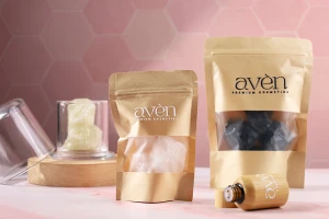 Standbodenbeutel aus Kraftpapier mit Sichtfenster und Druckverschluss, verschließbar 90x30x140mm - 100 Stücke-bildgruppe