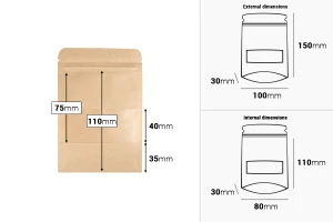 Σακουλάκια κραφτ τύπου Doy Pack 100x30x150 mm, με κλείσιμο zip, παράθυρο, εσωτερική και εξωτερική διάφανη επένδυση και δυνατότητα σφράγισης με θερμοκόλληση - 100 τμχ-εικόνα_διαστάσεις