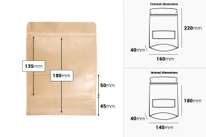 Σακουλάκια κραφτ τύπου Doy Pack 160x40x220 mm, με κλείσιμο zip, παράθυρο, εσωτερική και εξωτερική διάφανη επένδυση και δυνατότητα σφράγισης με θερμοκόλληση - 100 τμχ-εικόνα_διαστάσεις