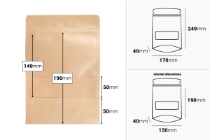 Σακουλάκια κραφτ τύπου Doy Pack 170x40x240 mm, με κλείσιμο zip, παράθυρο, εσωτερική και εξωτερική διάφανη επένδυση και δυνατότητα σφράγισης με θερμοκόλληση - 100 τμχ-εικόνα_διαστάσεις